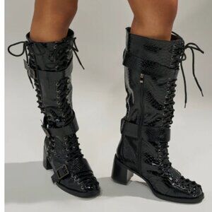 AKIRA AZALEA WANG MAKAR BLACK CROC LACE UP DETAIL BOOT Size 7.5